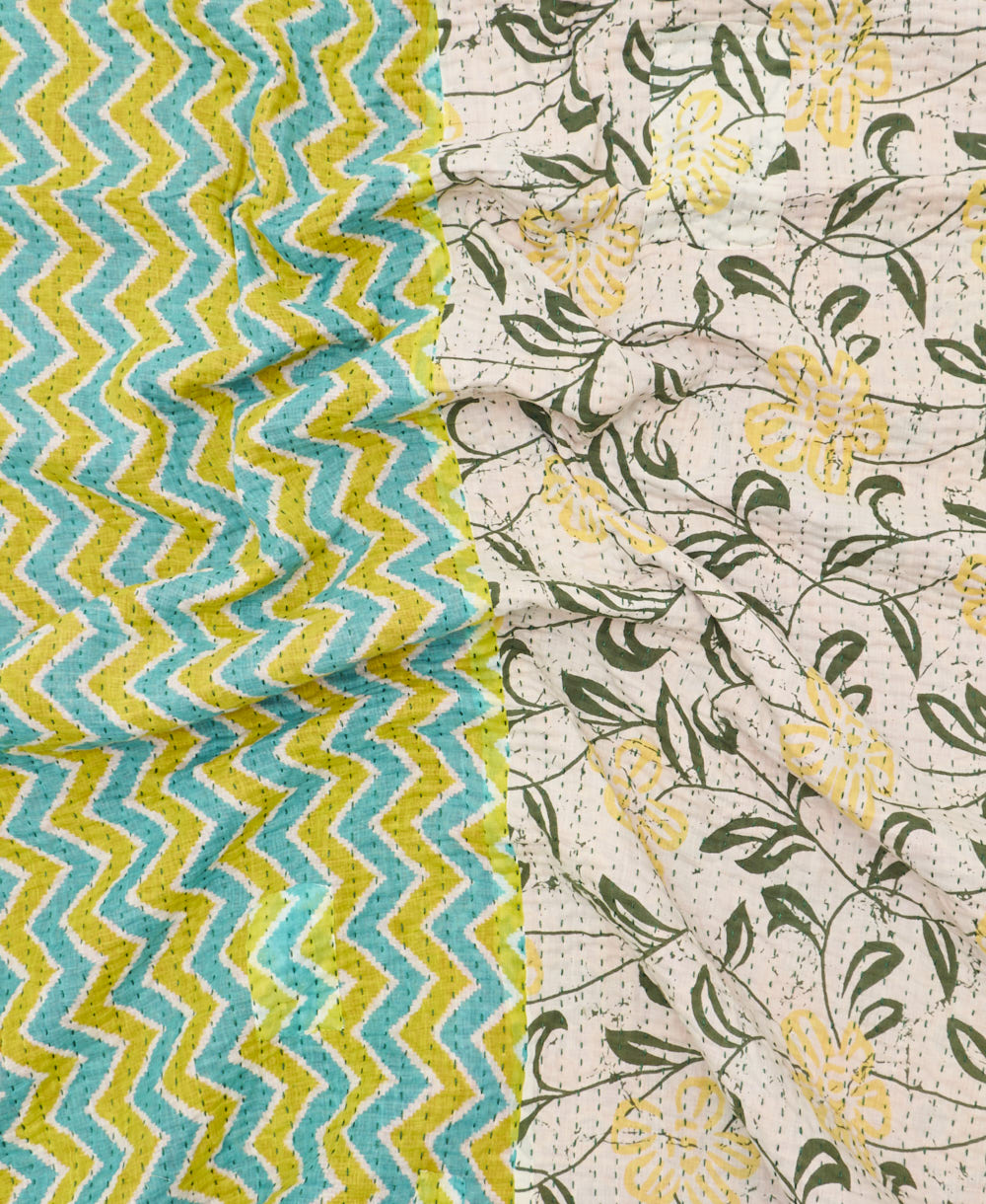 Kantha quilt throw featuring traditional kantha hand stitching