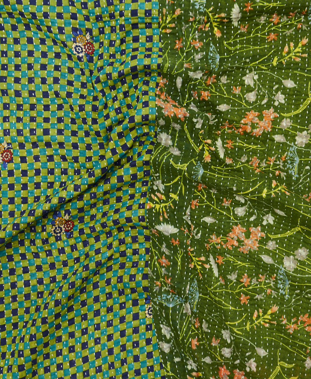 Kantha quilt throw featuring traditional kantha hand stitching