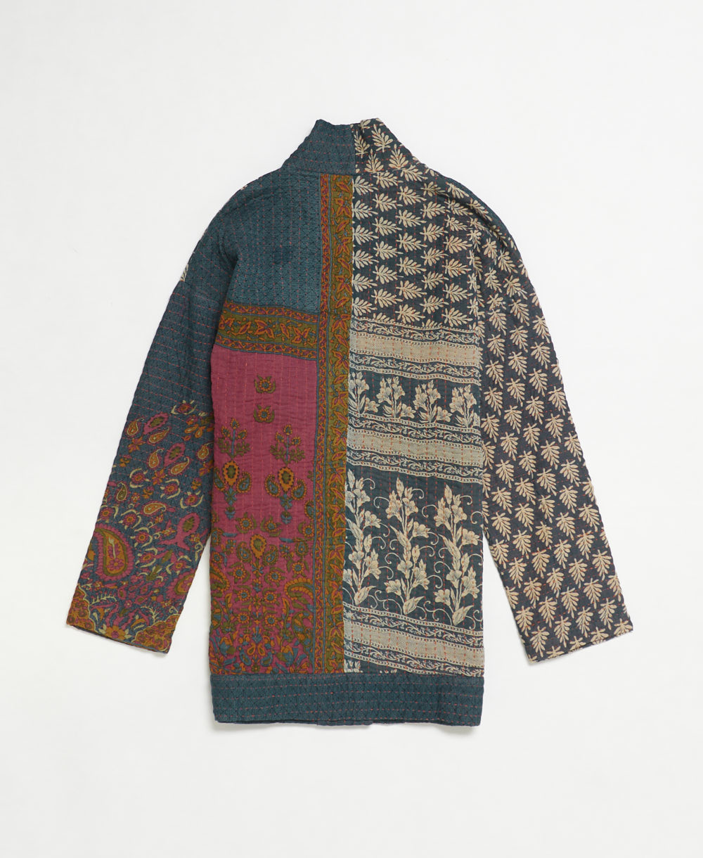 open front quilted jacket made from upcycled saris by artisans in India