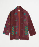 open front quilted jacket made from upcycled saris by artisans in India
