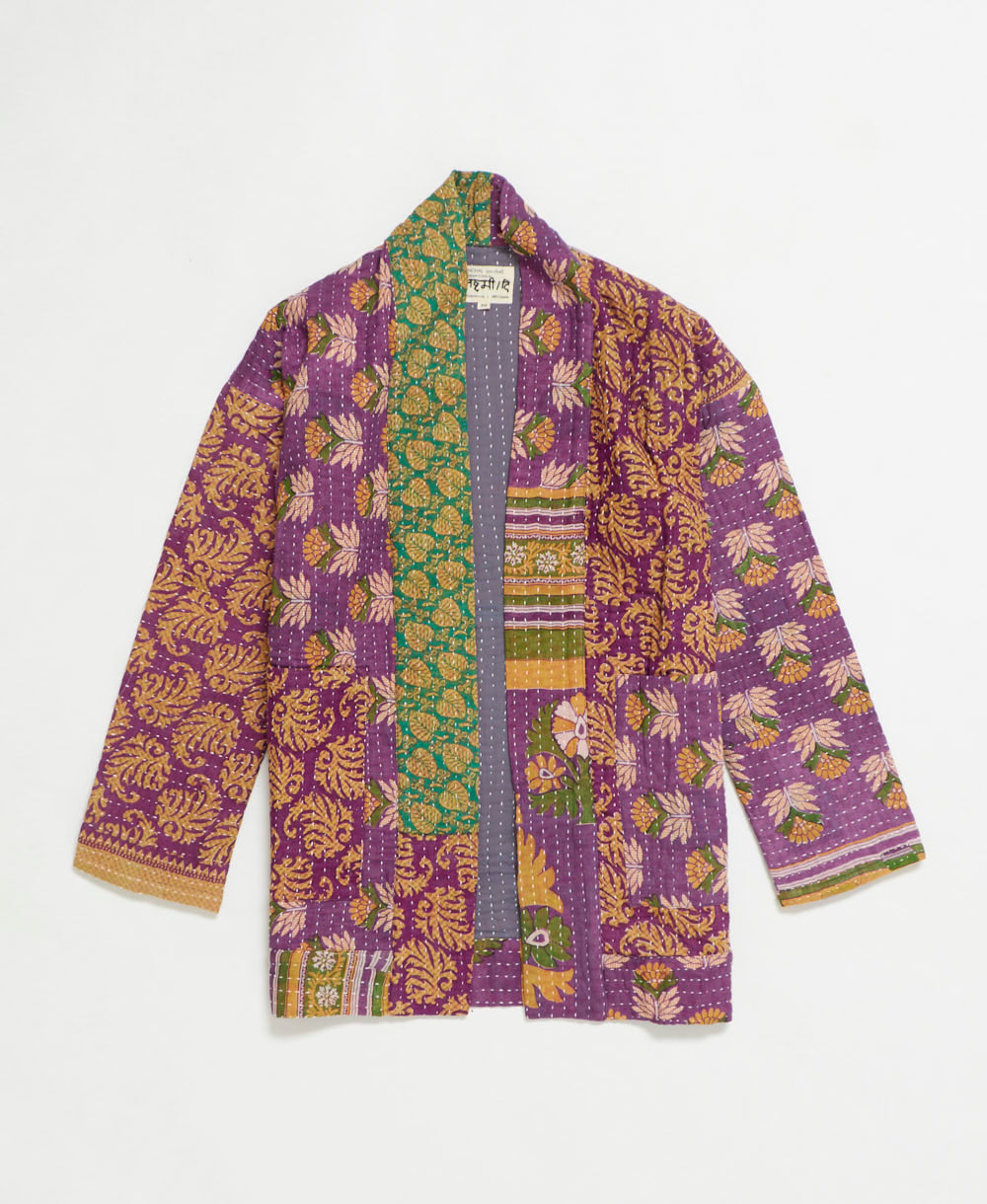 open front quilted jacket made from upcycled saris by artisans in India