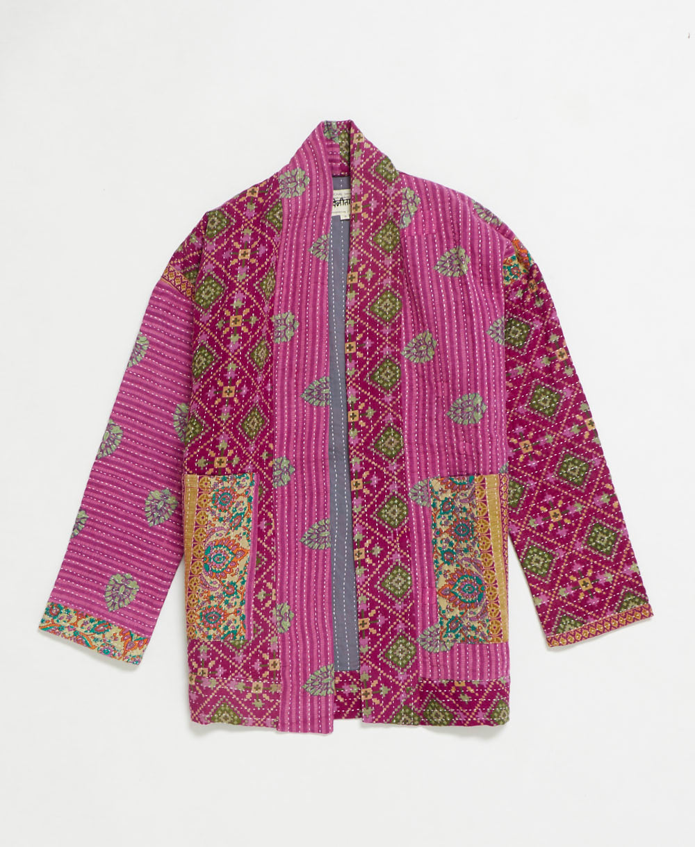 open front quilted jacket made from upcycled saris by artisans in India