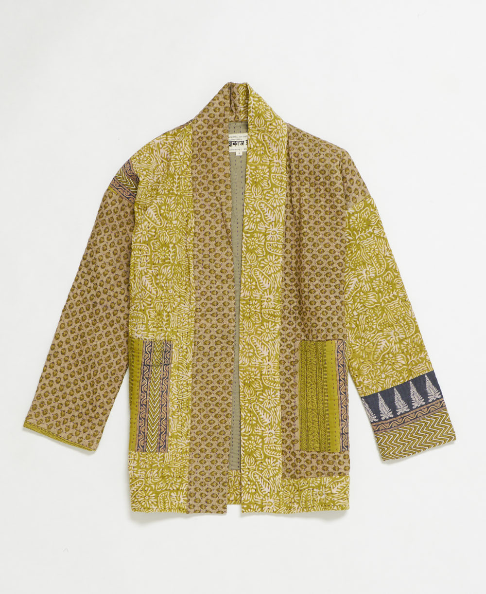 open front quilted jacket made from upcycled saris by artisans in India