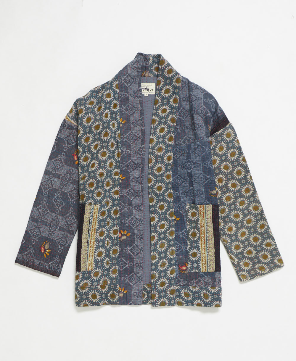 open front quilted jacket made from upcycled saris by artisans in India