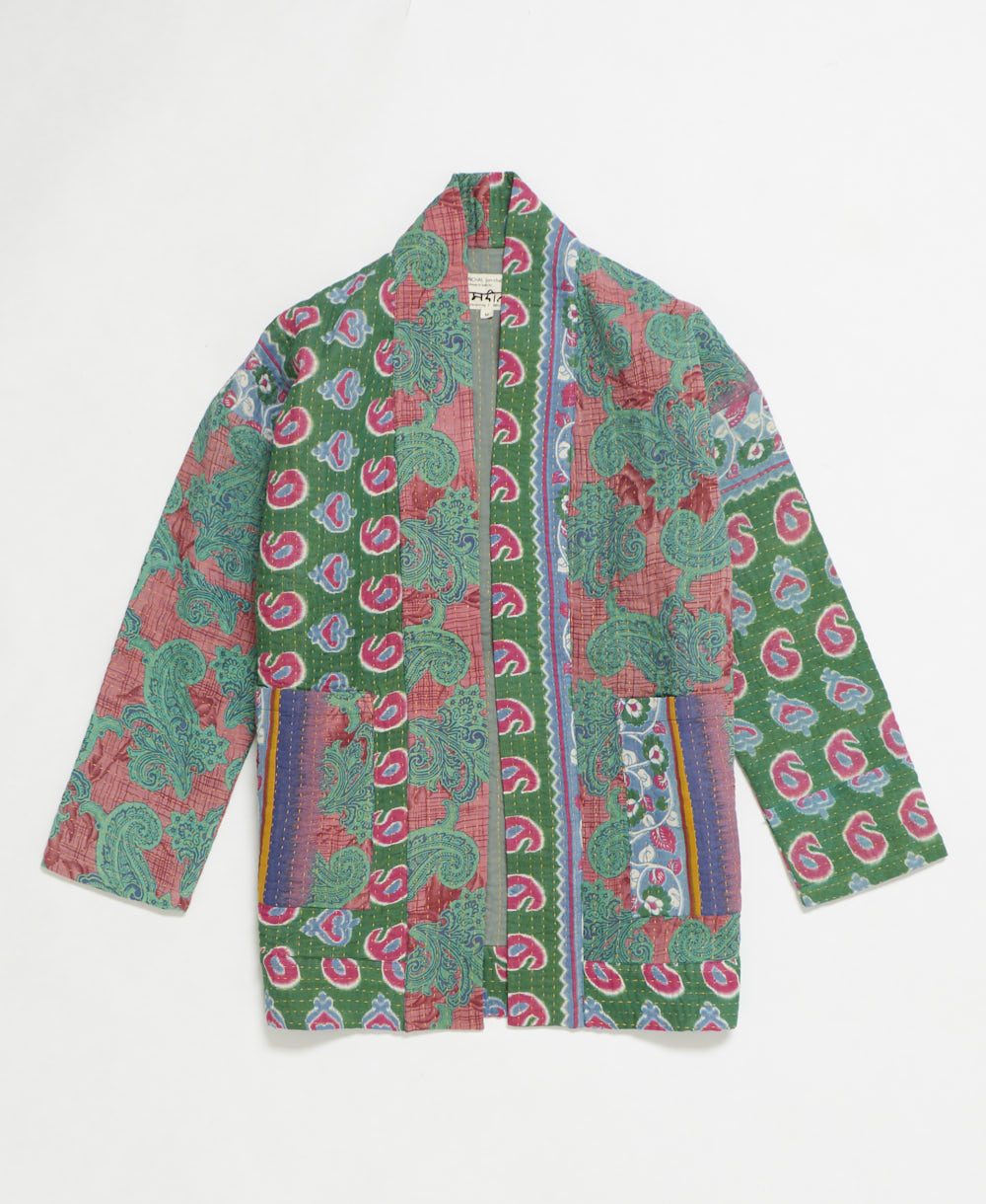 open front quilted jacket made from upcycled saris by artisans in India