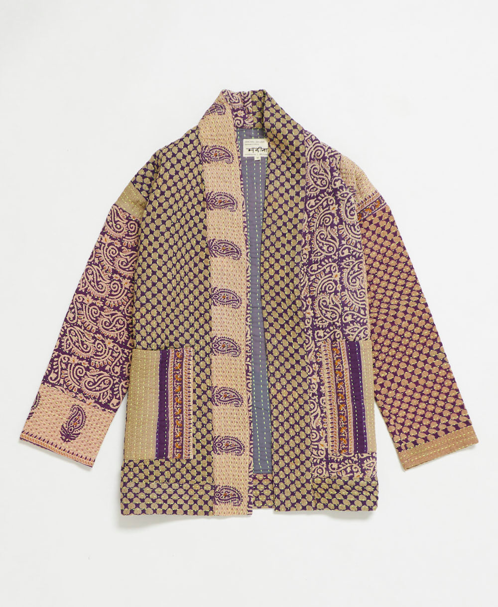 open front quilted jacket made from upcycled saris by artisans in India