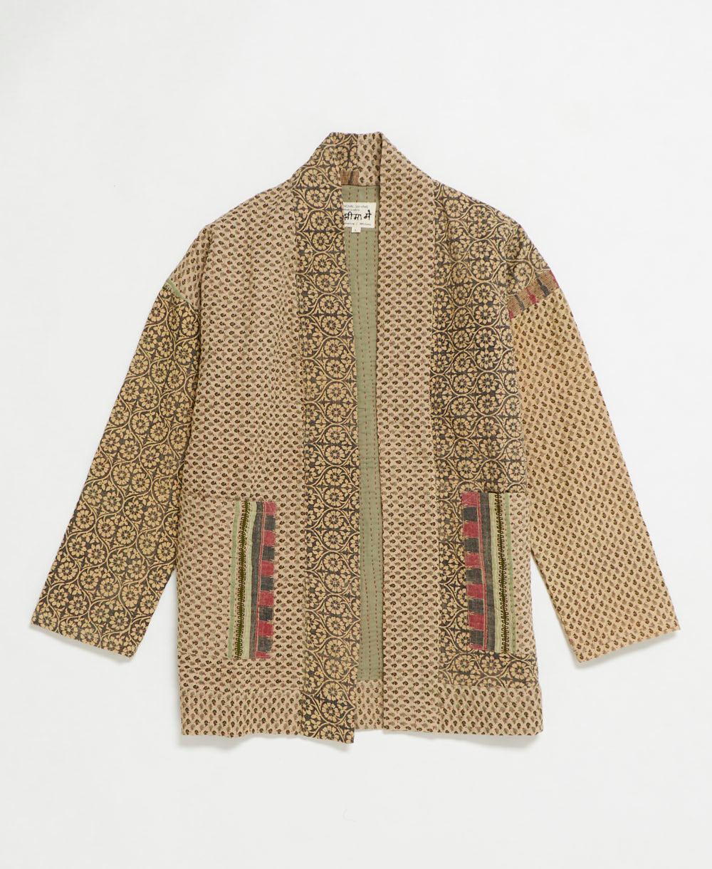 open front quilted jacket made from upcycled saris by artisans in India