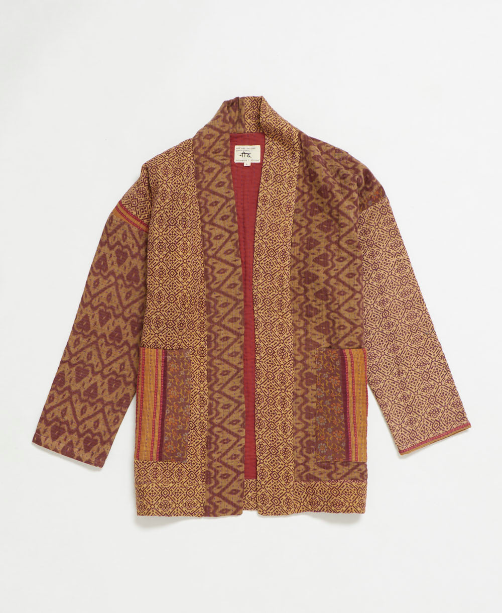 open front quilted jacket made from upcycled saris by artisans in India