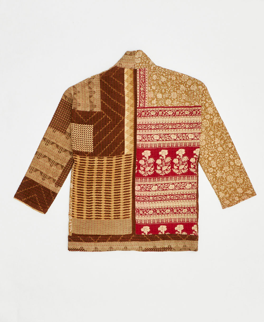 open front quilted jacket made from upcycled saris by artisans in India
