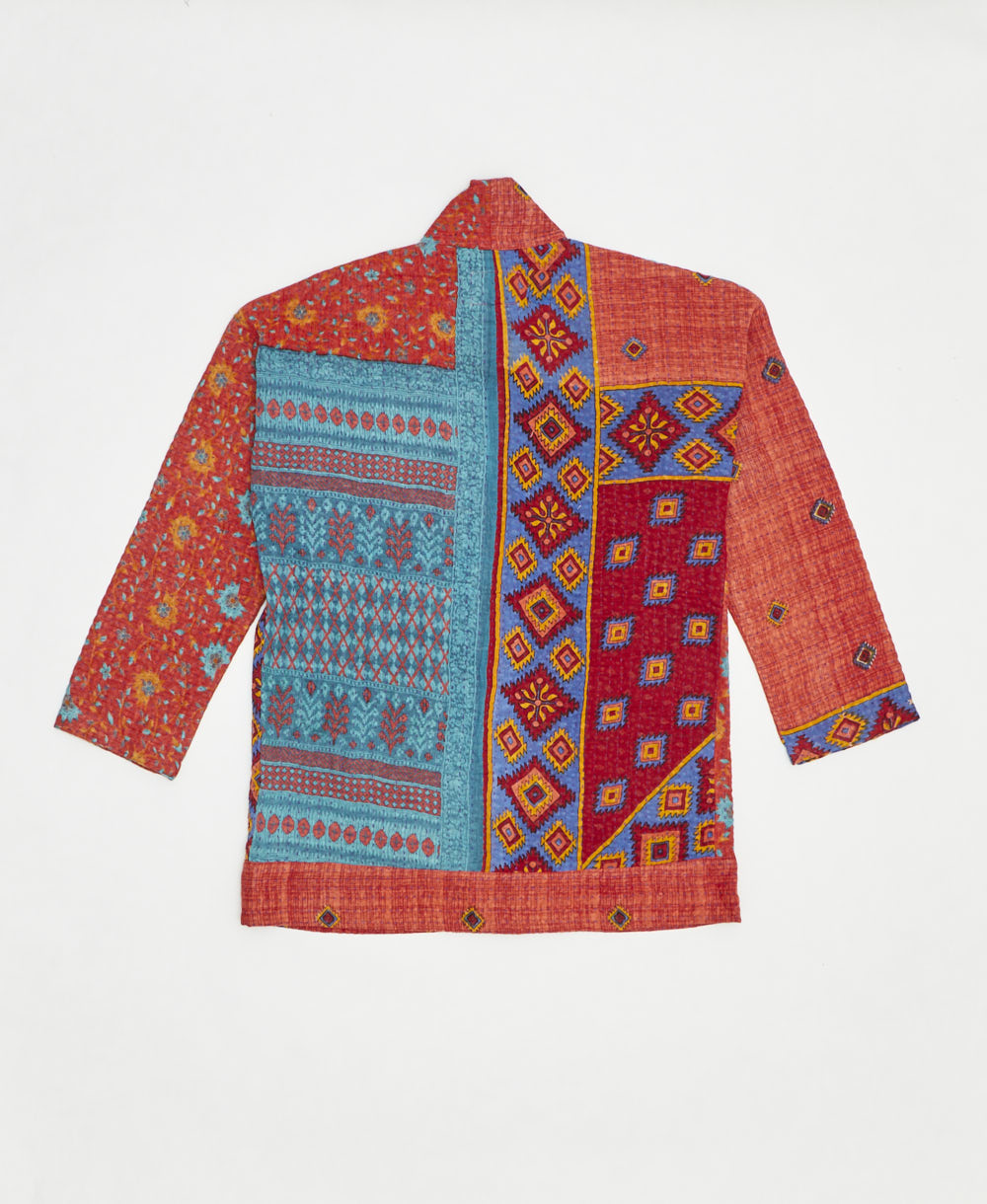 open front quilted jacket made from upcycled saris by artisans in India