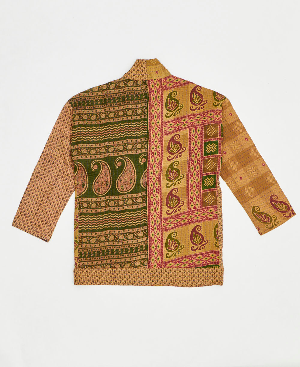 open front quilted jacket made from upcycled saris by artisans in India