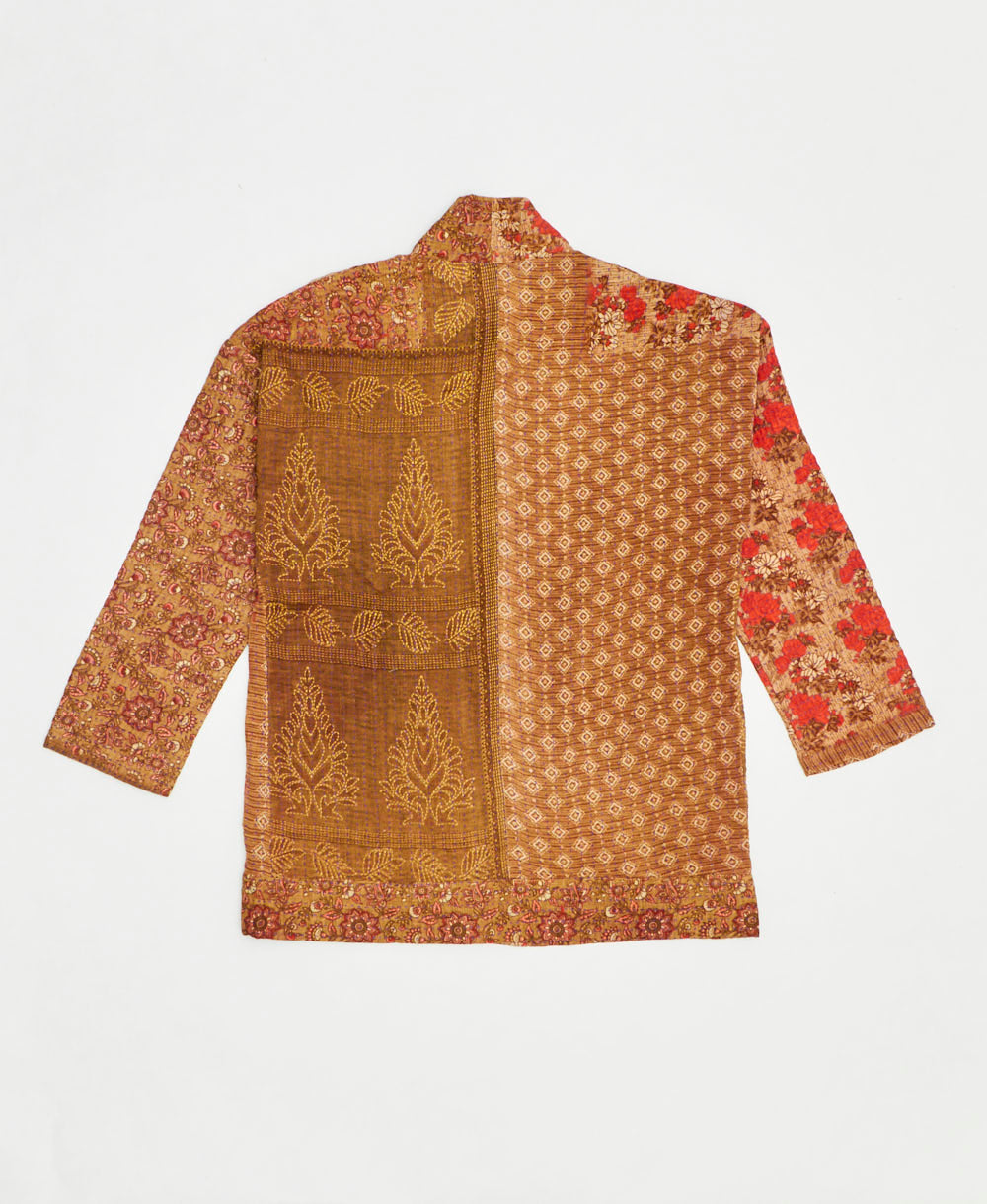 open front quilted jacket made from upcycled saris by artisans in India