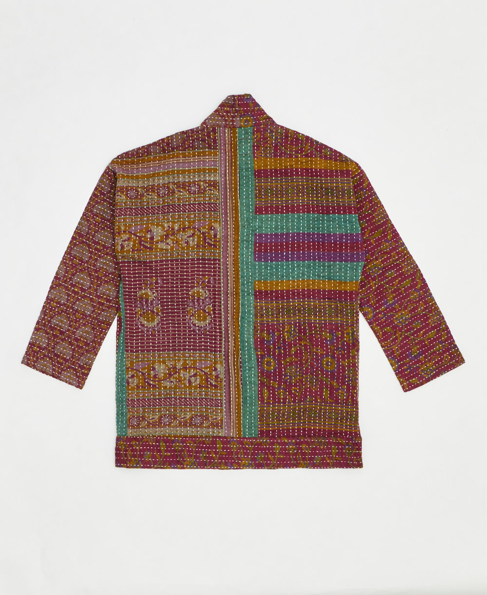 open front quilted jacket made from upcycled saris by artisans in India
