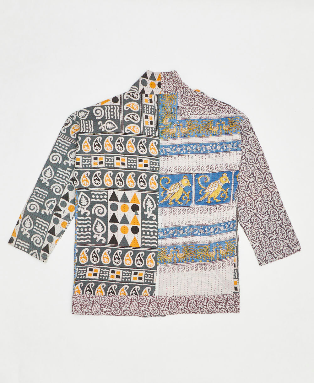 open front quilted jacket made from upcycled saris by artisans in India