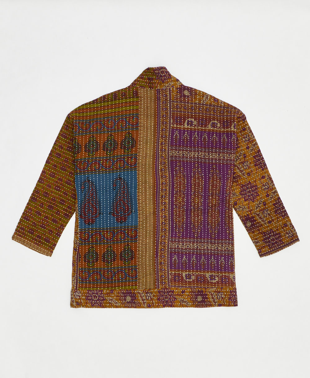 open front quilted jacket made from upcycled saris by artisans in India