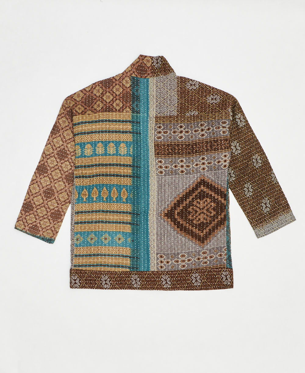 open front quilted jacket made from upcycled saris by artisans in India