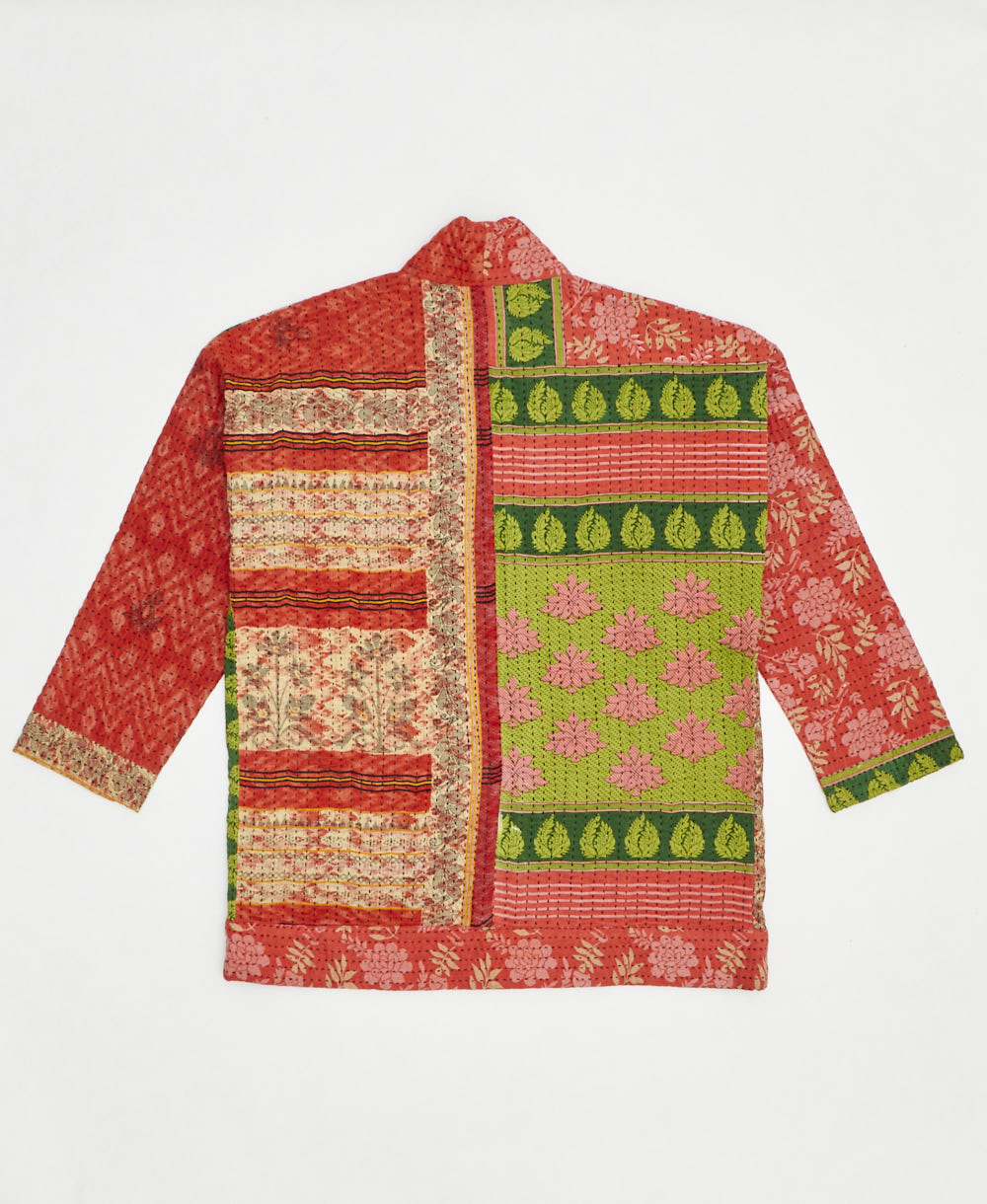 open front quilted jacket made from upcycled saris by artisans in India