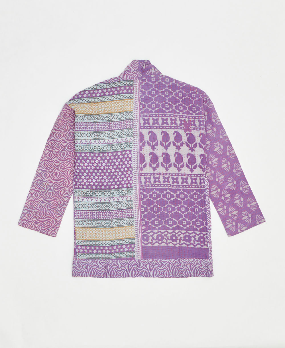 open front quilted jacket made from upcycled saris by artisans in India