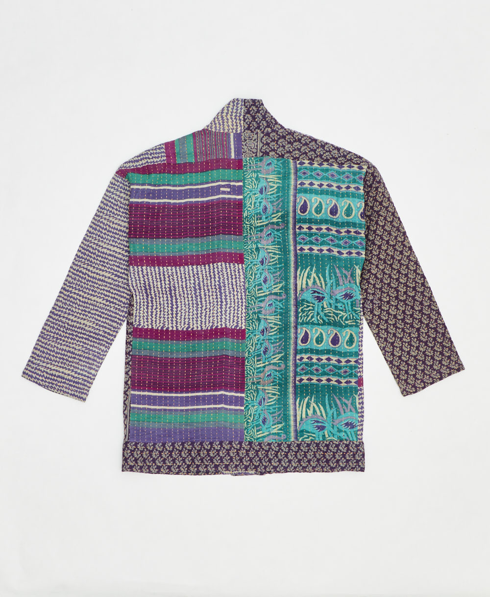 open front quilted jacket made from upcycled saris by artisans in India