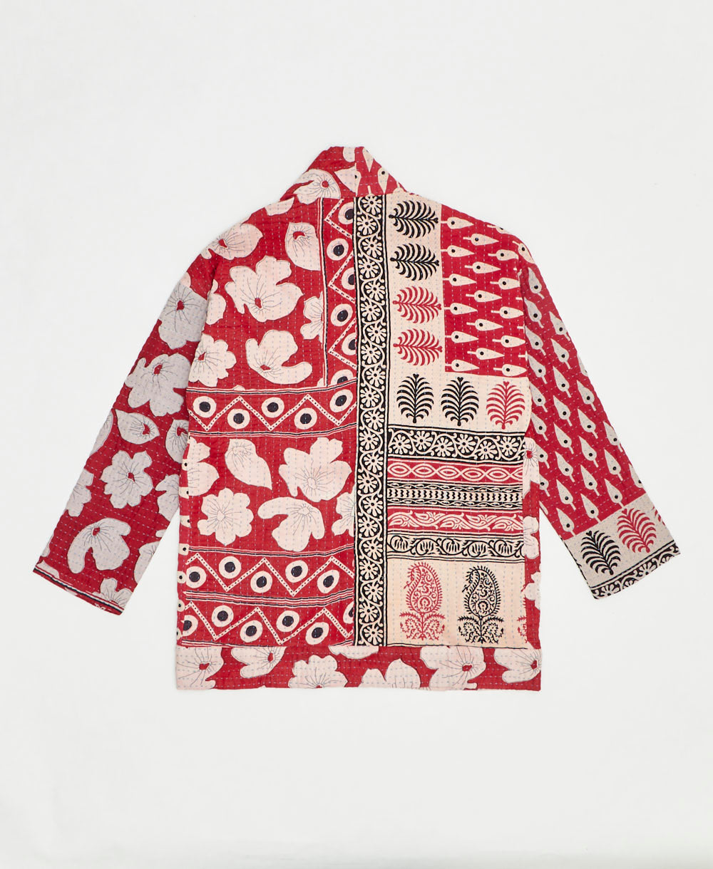 open front quilted jacket made from upcycled saris by artisans in India