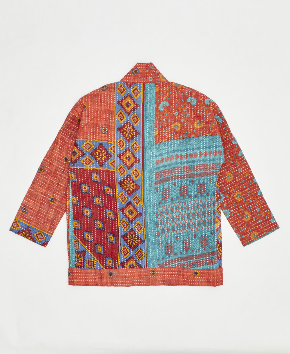open front quilted jacket made from upcycled saris by artisans in India