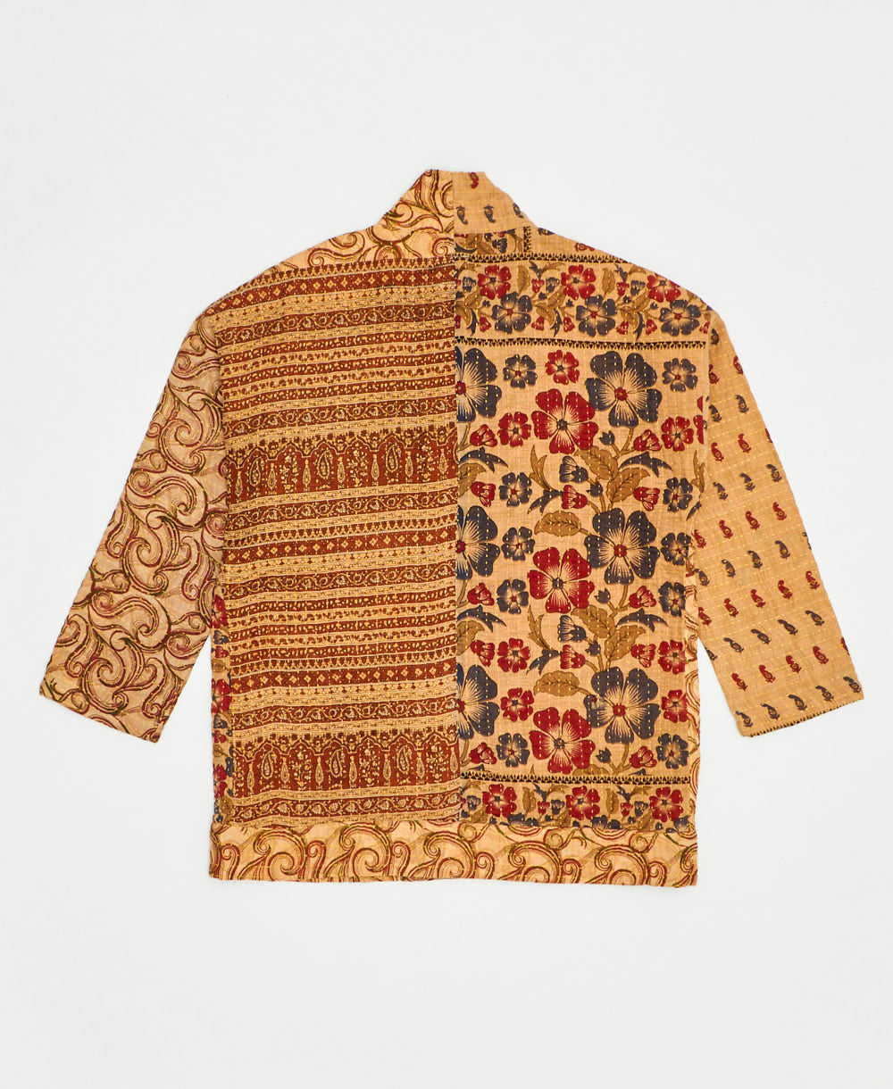 open front quilted jacket made from upcycled saris by artisans in India