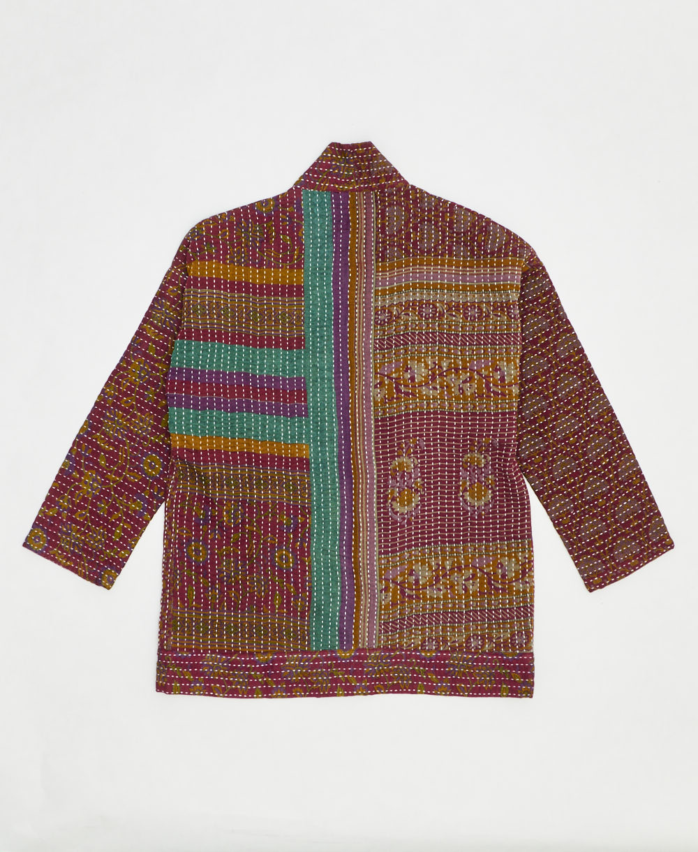 open front quilted jacket made from upcycled saris by artisans in India