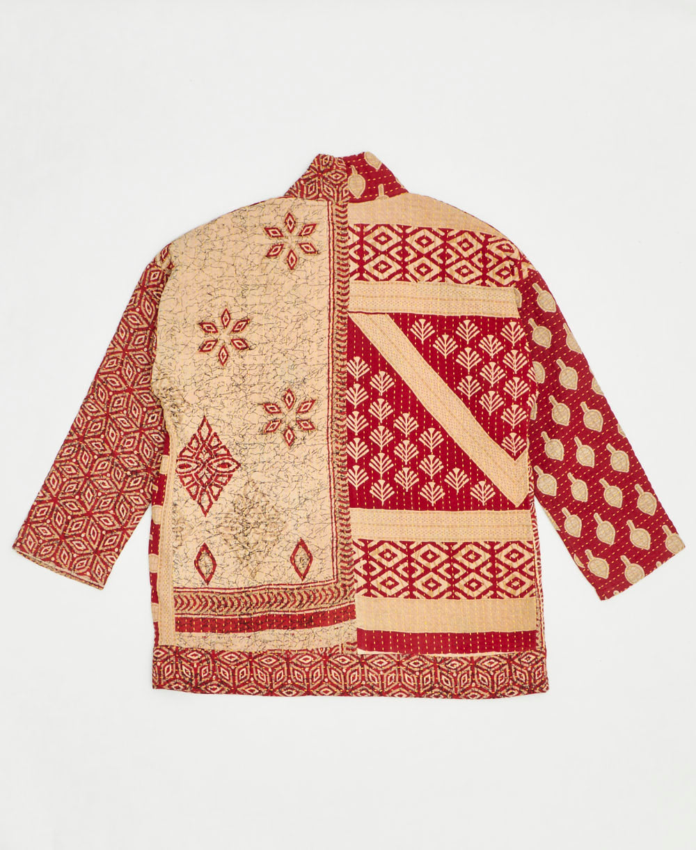 open front quilted jacket made from upcycled saris by artisans in India