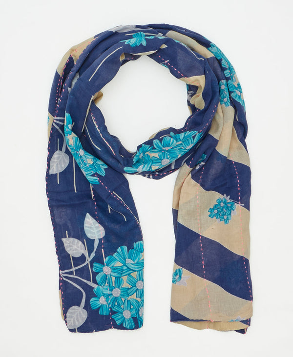 one-of-a-kind blue and tan striped print vintage kantha scarf perfect
for all seasons