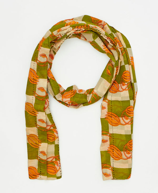 one-of-a-kind cream and green check print vintage kantha scarf perfect
for all seasons