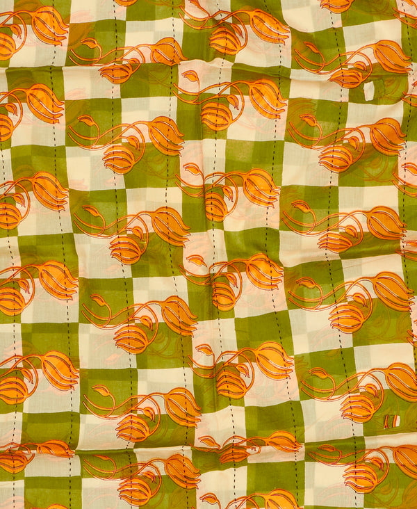 Handmade green and cream check print vintage kantha scarf
