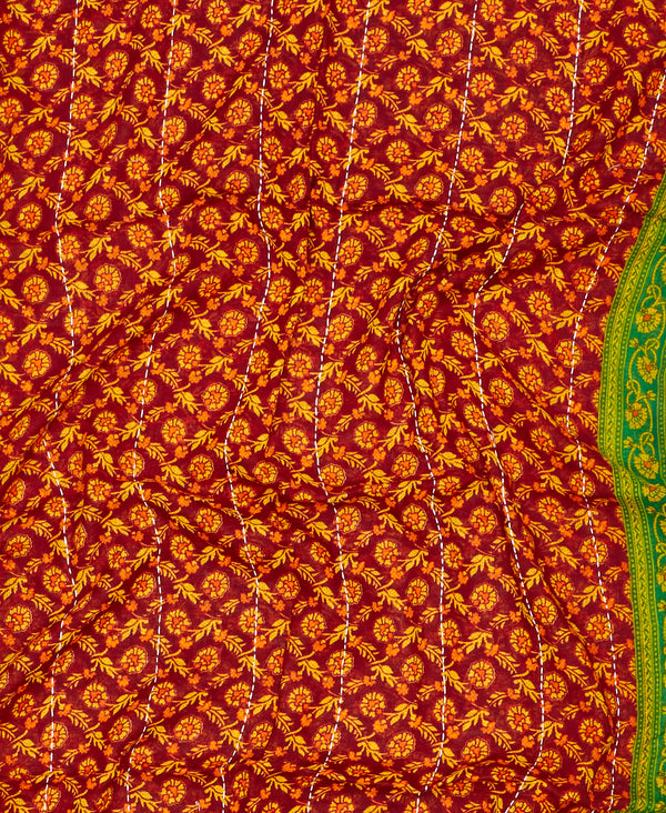 Handmade orange and red floral print vintage kantha scarf