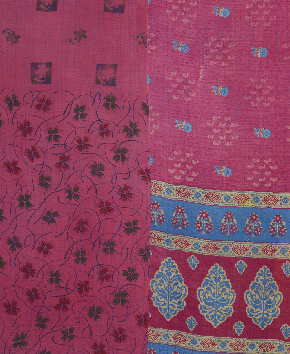 quilted king kantha quilt handmade in India from eco-friendly upcycled vintage cotton saris for a one-of-a-kind quilt