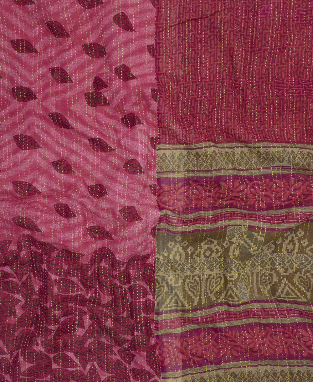 quilted king kantha quilt handmade in India from eco-friendly upcycled vintage cotton saris for a one-of-a-kind quilt
