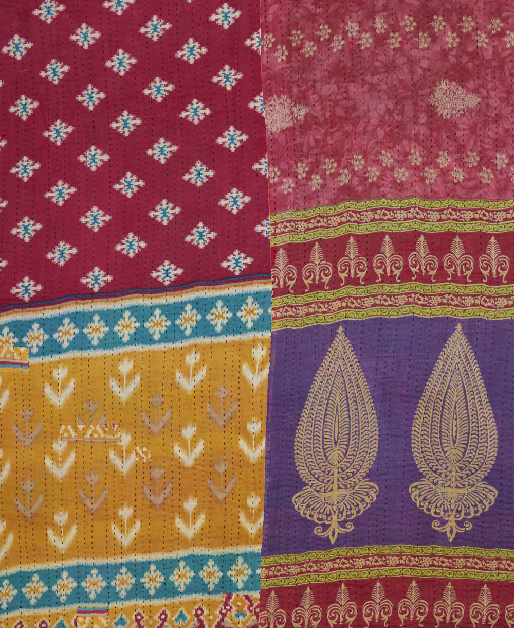 quilted king kantha quilt handmade in India from eco-friendly upcycled vintage cotton saris for a one-of-a-kind quilt