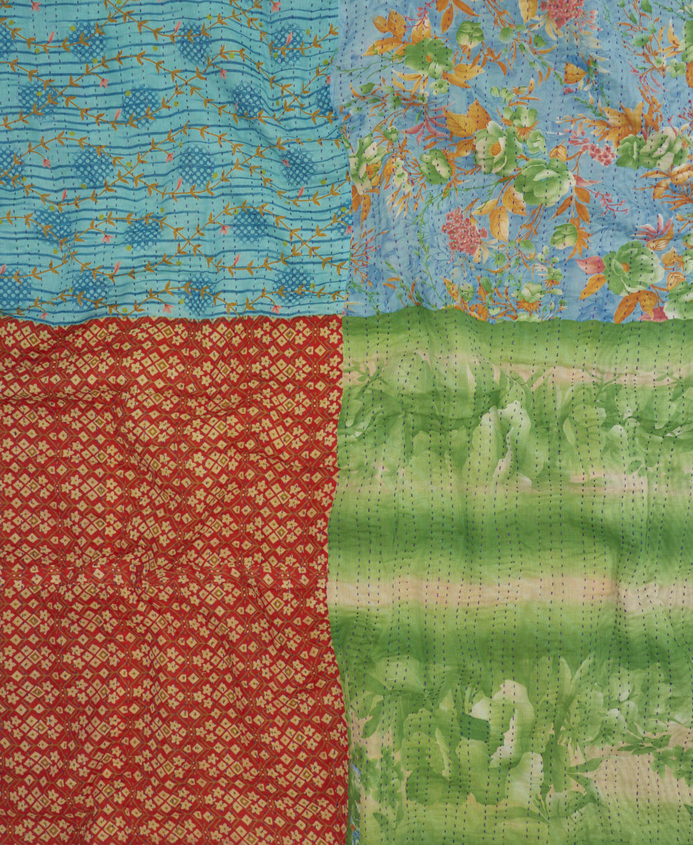 quilted king kantha quilt handmade in India from eco-friendly upcycled vintage cotton saris for a one-of-a-kind quilt