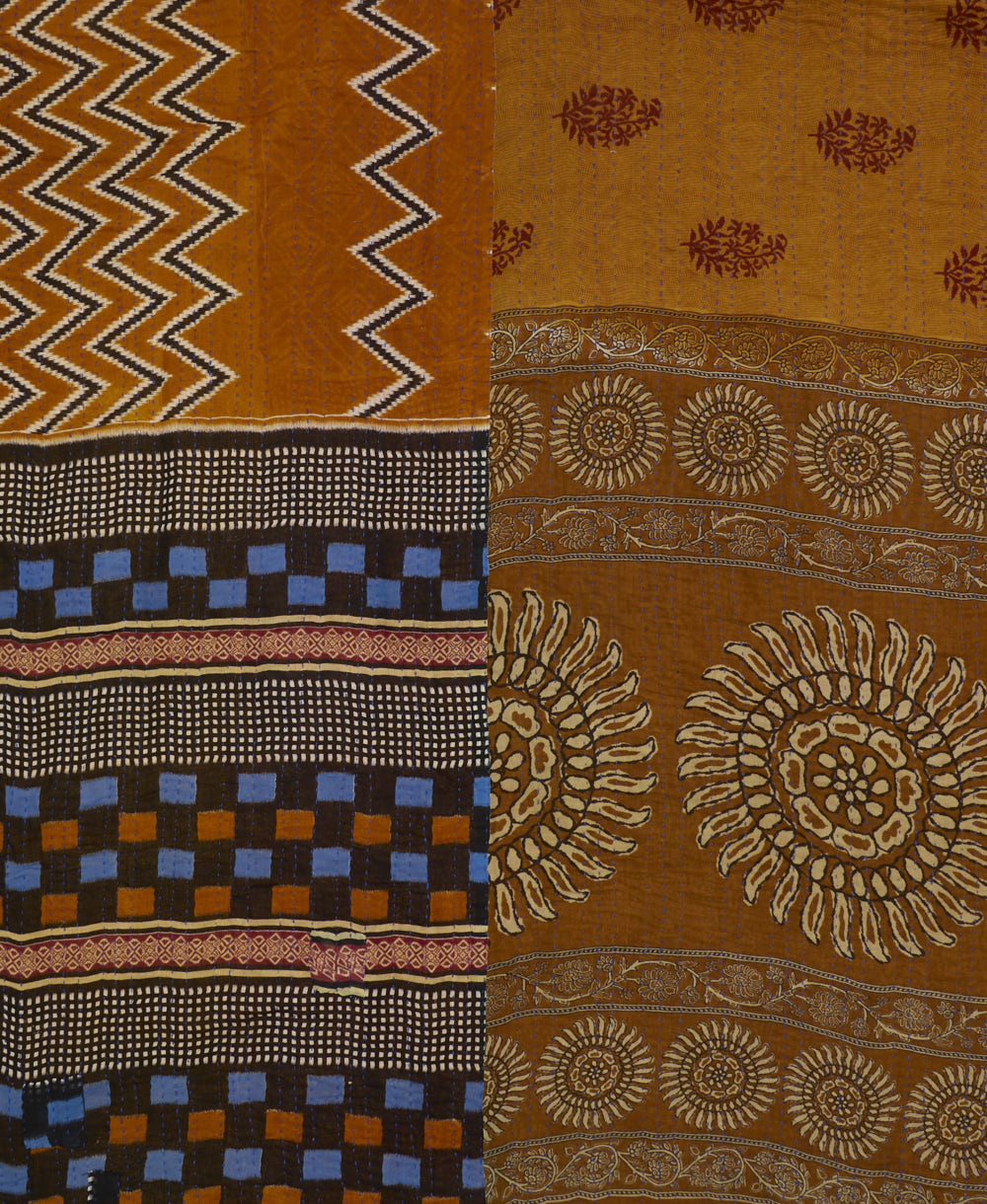 quilted king kantha quilt handmade in India from eco-friendly upcycled vintage cotton saris for a one-of-a-kind quilt