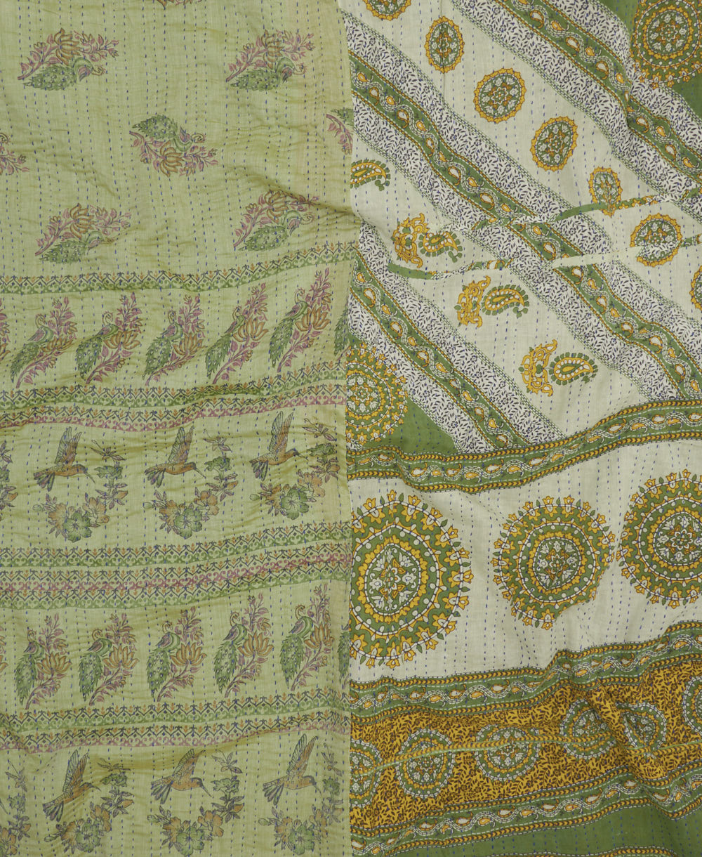 quilted king kantha quilt handmade in India from eco-friendly upcycled vintage cotton saris for a one-of-a-kind quilt