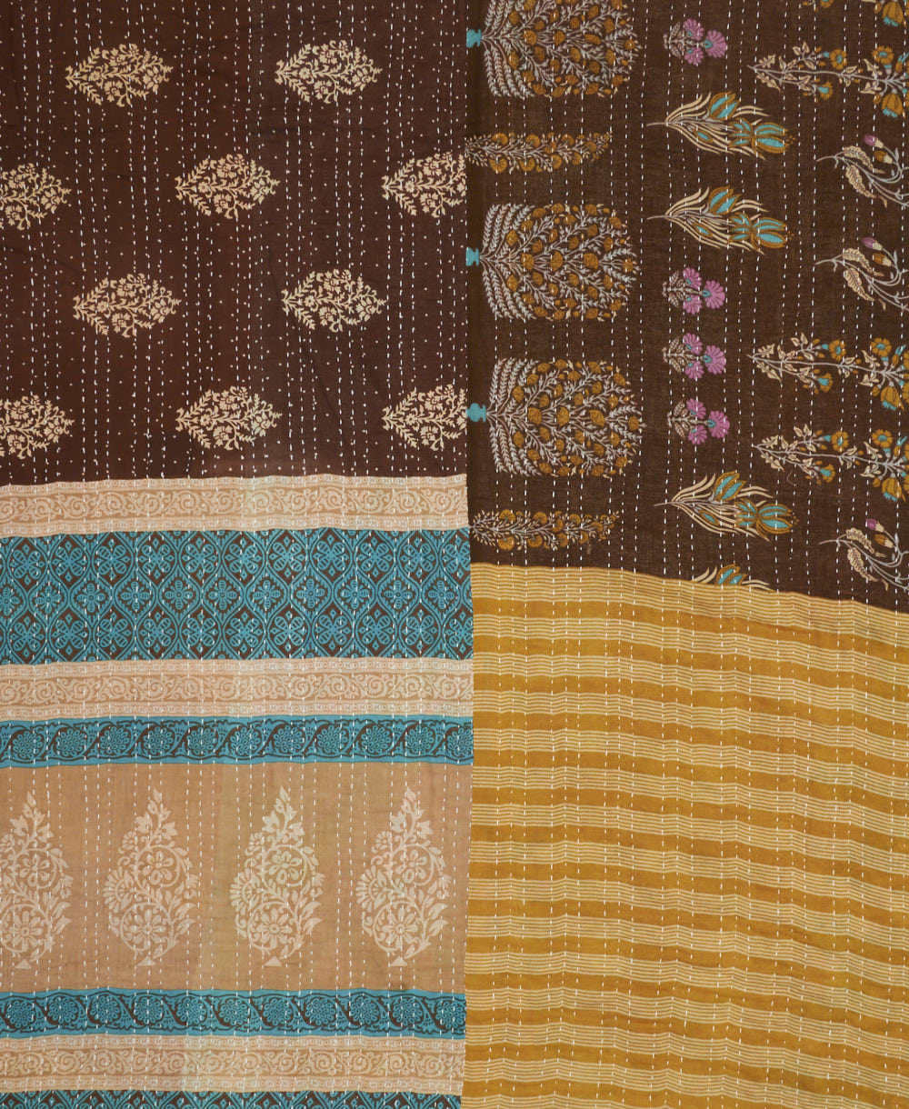 quilted king kantha quilt handmade in India from eco-friendly upcycled vintage cotton saris for a one-of-a-kind quilt