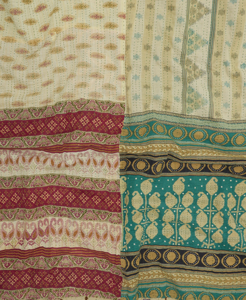 quilted king kantha quilt handmade in India from eco-friendly upcycled vintage cotton saris for a one-of-a-kind quilt