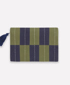 Checkered pouch with green and navy stripes on a white background