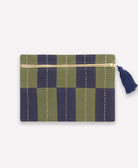 Green and navy striped pouch with a tassel on a white background