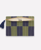 pine green and navy blue checkered pouch lined with canvas and a navy blue tassel
