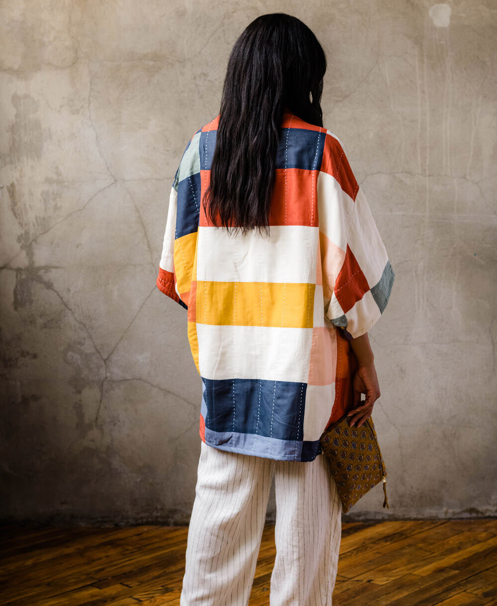 back of multi-check quilted cocoon jacket handmade in India from 100% organic cotton and AZO-free dyes