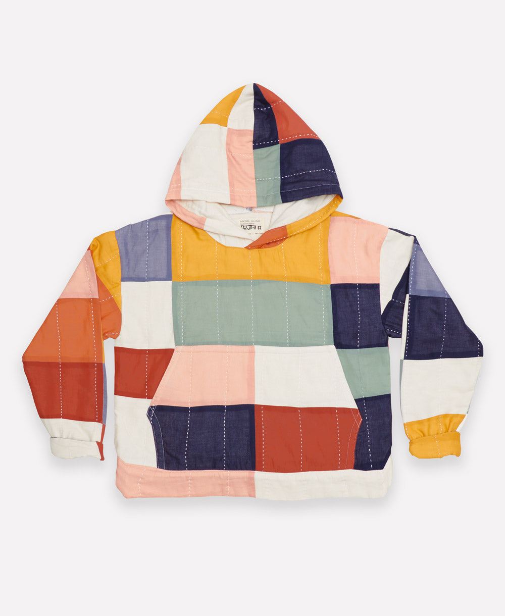 checkered quilted hoodie in rainbow colors handmade in India from 100% organic cotton