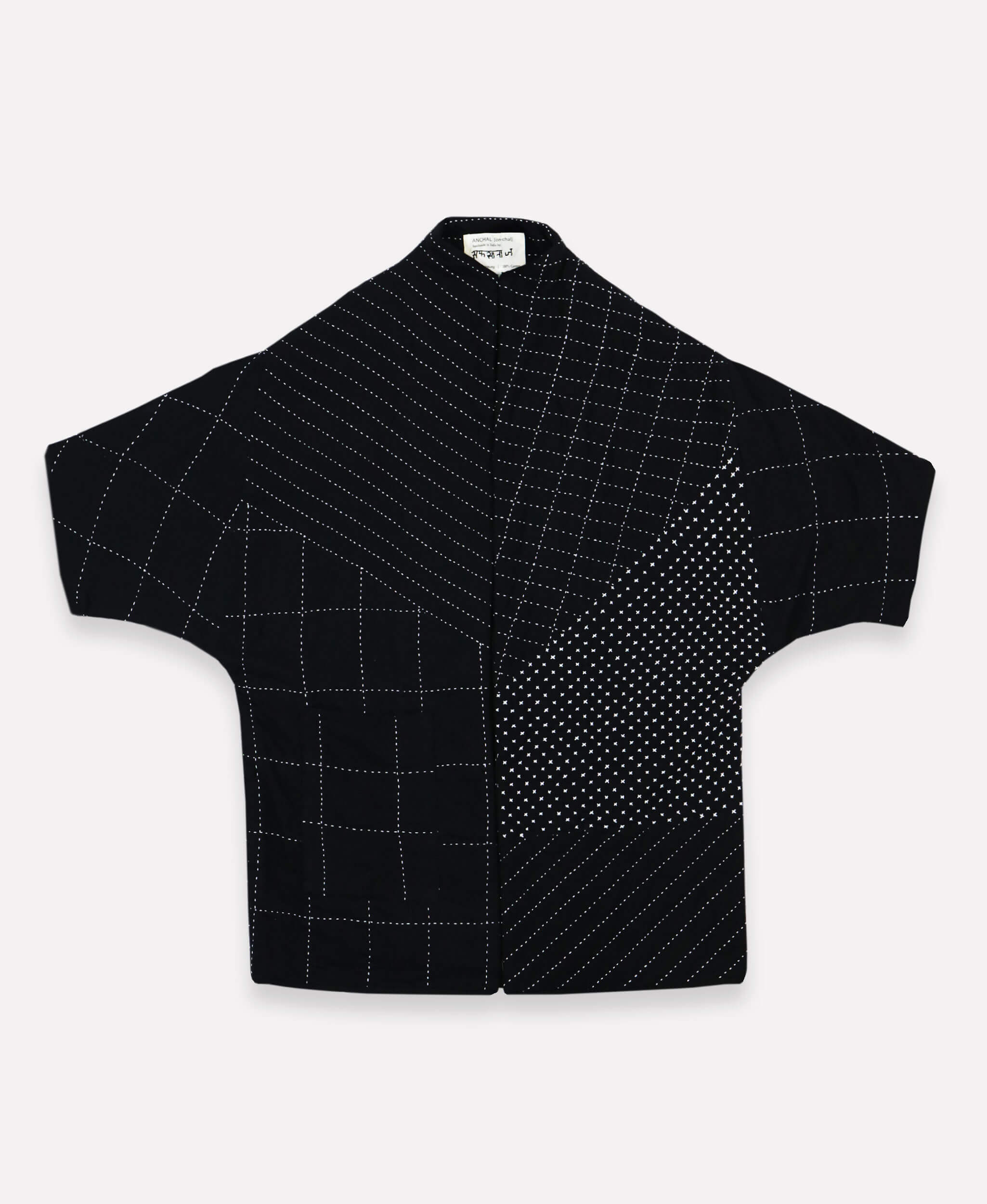 naari cocoon quilted jacket with front pocket in grid and cross-stitch patterns with white embroidery