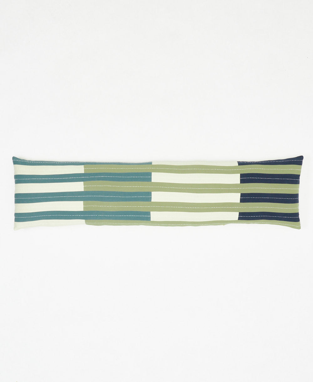 long lumbar throw pillow in shades of blue and green horizontal stripes