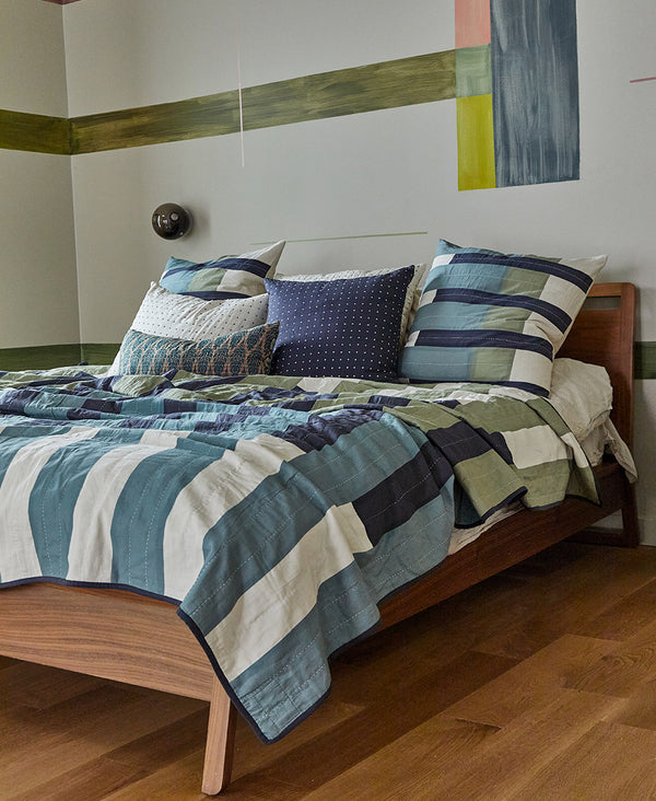 organic cotton navy blue and green striped modern kantha quilt