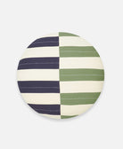 round pillow in navy blue and sage green horizontal broken stripe pattern handmade by women artisans
