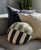 decorative modern throw pillows on a gray sofa with a plant in the background